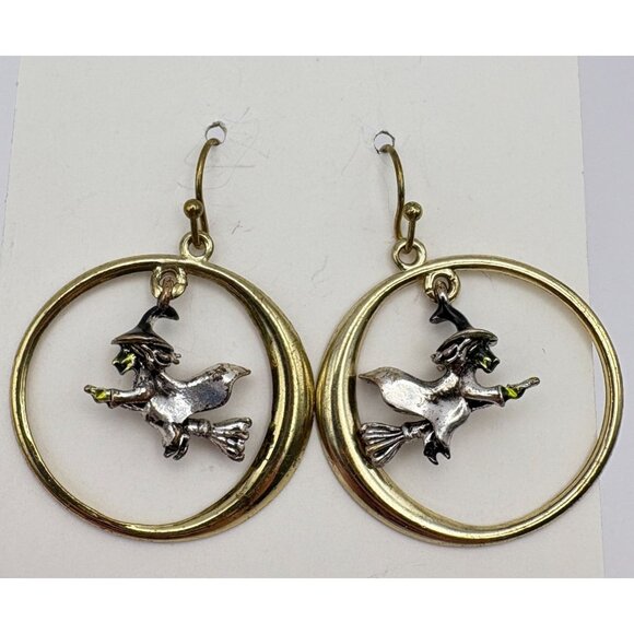 Halloween Flying Witch In Moon Dangle Earrings Silver and Gold Tone Avon - Picture 6 of 6